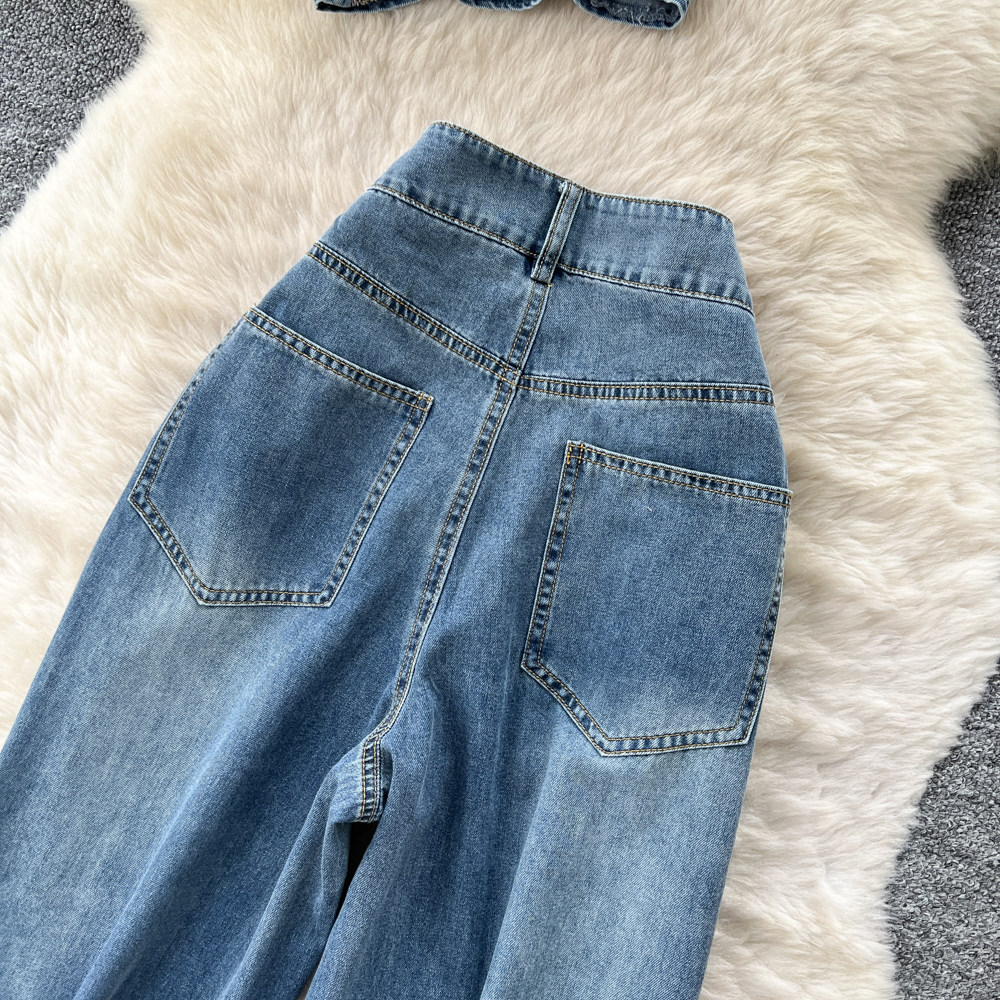 Vintage Denim Two Piece Set Casual Style High Waisted Wide Leg Pants Slim Fit Sleeveless Top Summer Wear