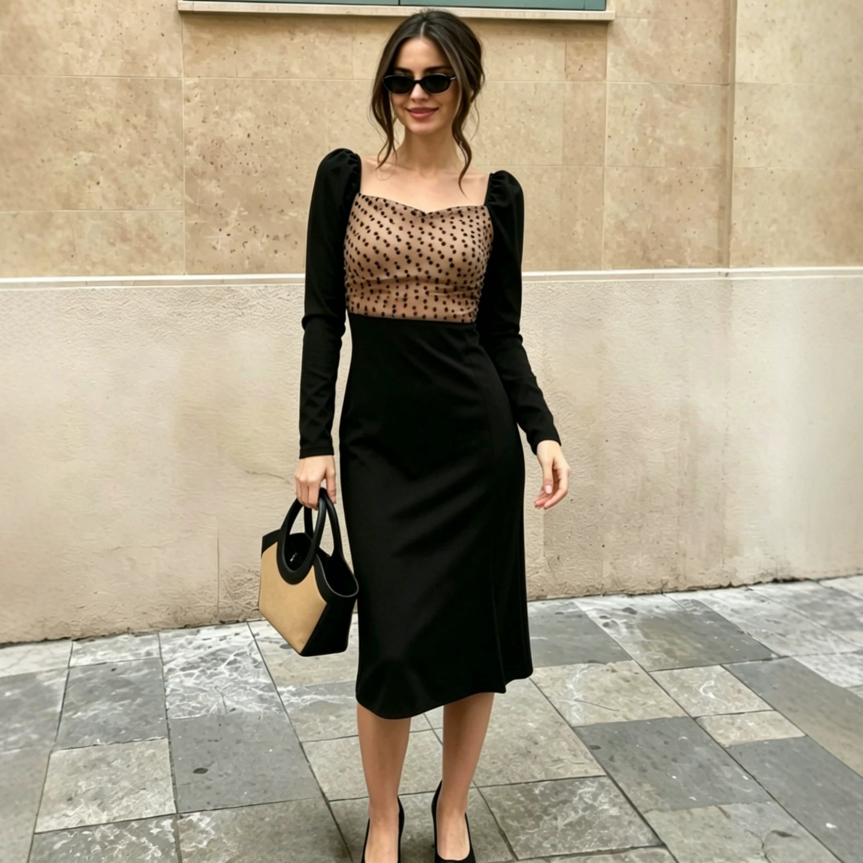 French Style Polka Dot Long Sleeve Bodycon Dress Square Neck Bow Tie Side Slit Mid Length Perfect for Parties and