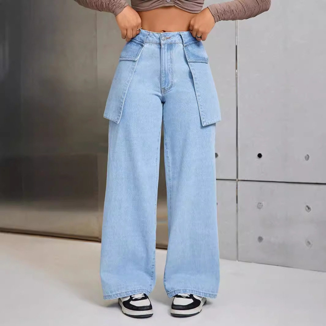 Wide Leg Denim Trousers Casual Style Large Pockets Comfortable Fit Womens Fashion for Everyday Wear Ready to Ship