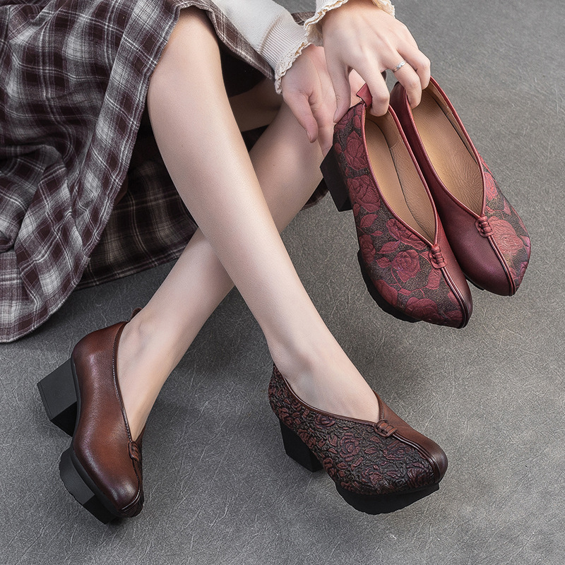 Giày Cao Gót Nữ Chất Liệu Da Bò Gót Vuông Họa Tiết Hoa Hàng Mùa Xuân Thu Đông