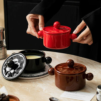 High-Looking Ceramic Double-Eared Bowl, Steamed Egg Bowl, Microwaveable Baby Food Supplement Cover Bowl, Soufflé Baking Bowl, Baking Bowl