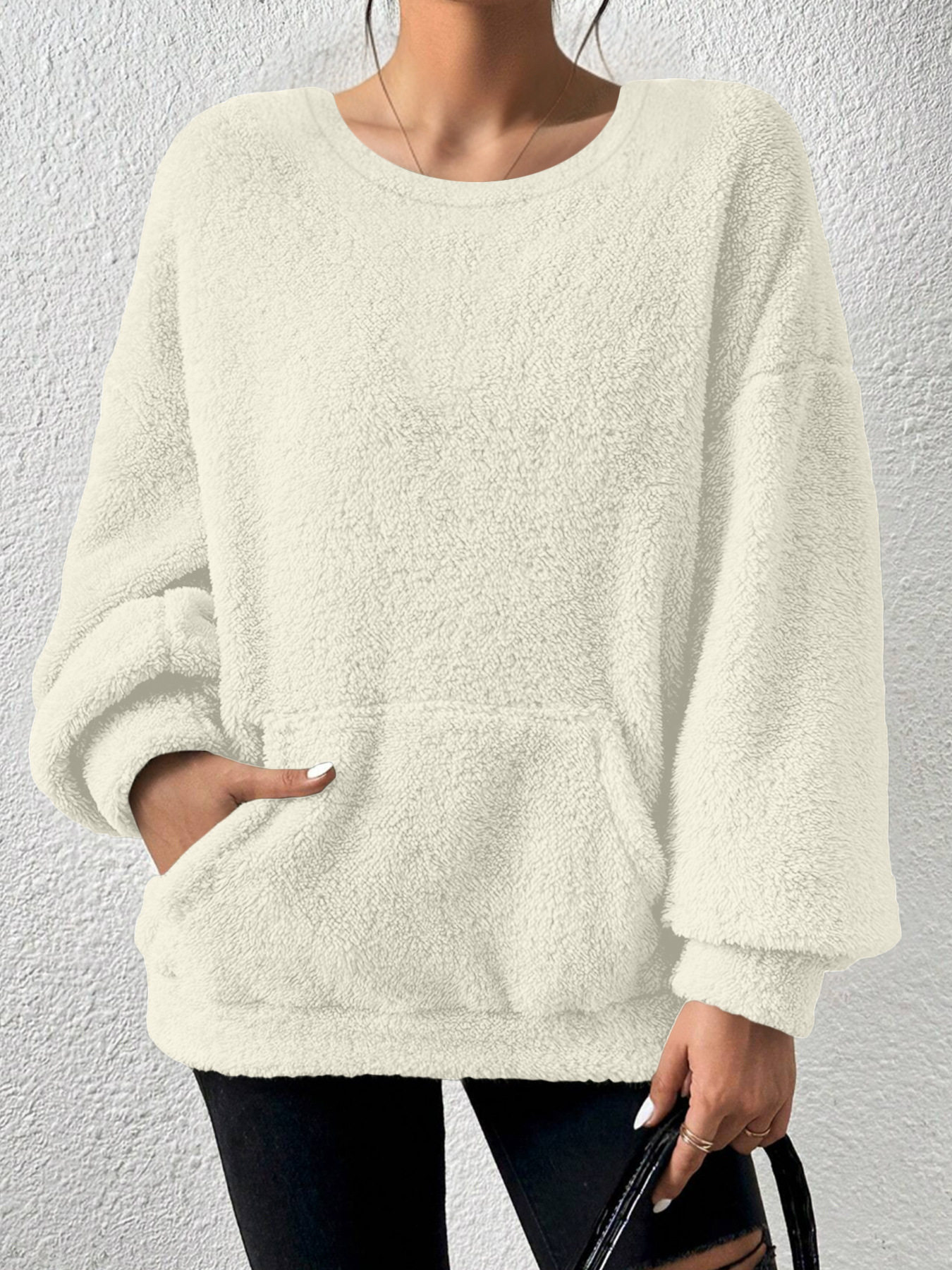 Casual Sweatshirt Solid Color Round Neck Long Sleeve Pocket Design Autumn Winter Fashion Wholesale Available