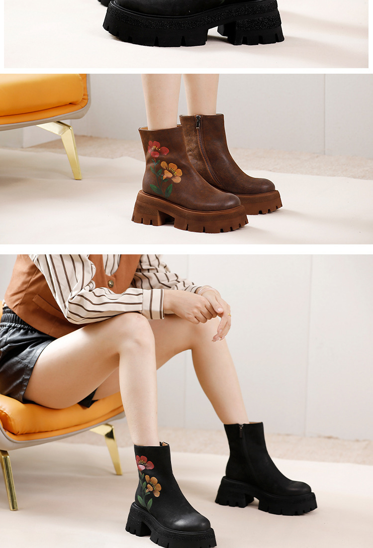 Boot nữ cổ ngắn da bò thật thêu hoa thủ công gót vuông — Màu cà phê, Màu đen