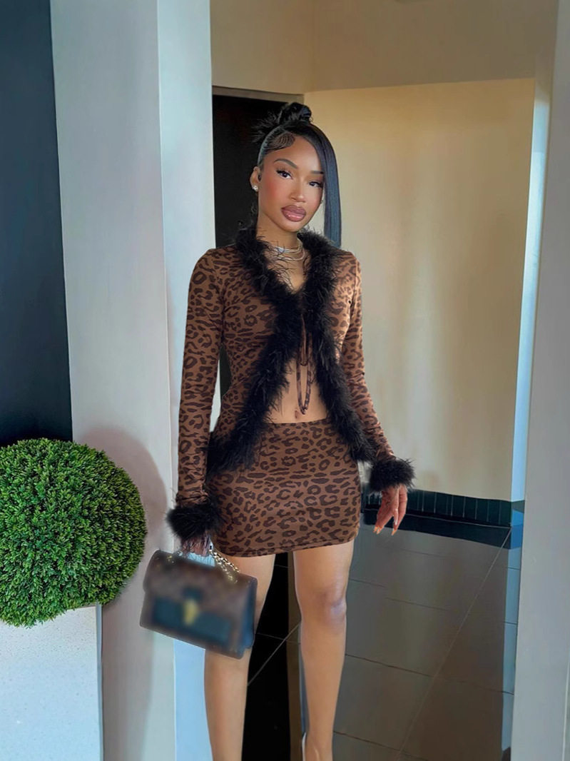 Turkish Feather Leopard Print Group Suit European and American New Sexy V Neck Strap Cardigan Short Street Sexy Hip-Hugging Short Skirt