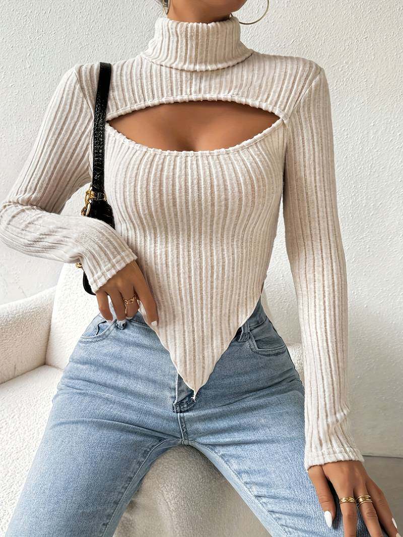 Womens Knit Crop Top Sexy Hollow Design Irregular Hem Long Sleeve Spring Summer Fashion Wholesale Available
