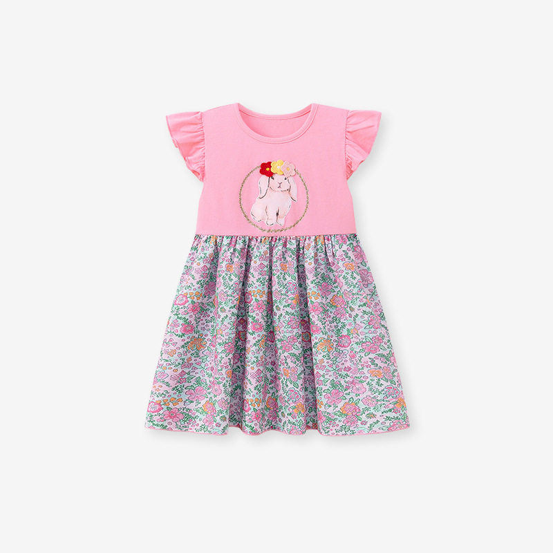Summer Girls' Dress, Floral Cartoon Kids' Dress, Short-sleeve Breathable Kids' Skirt