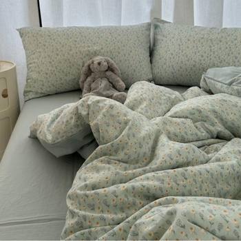 French Retro Ins Pastoral Small Floral Washed Cotton Four-Piece Bed Bed Sheets Quilt Cover Student Dormitory Three-Piece Bed Bed Sheets Set 4