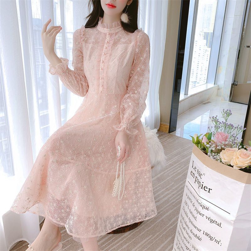French Style Long Sleeve Midi Dress for Women Ruffle Hem Sheer Fabric Elegant Design Perfect for Spring and Autumn