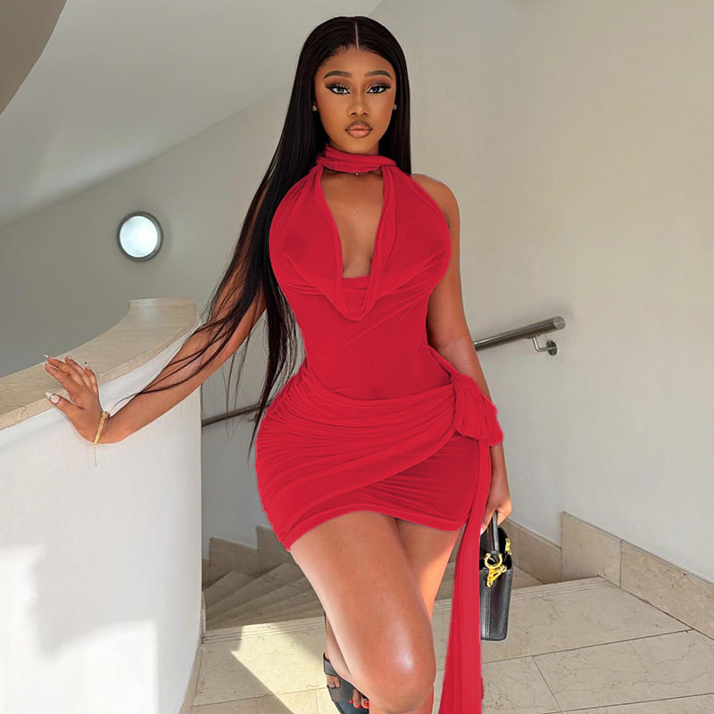 Fashionable Bodycon Mini Dress Sexy Tie Back Ruffled Neckline Slim Fit Perfect for Parties and Night Out Wholesale