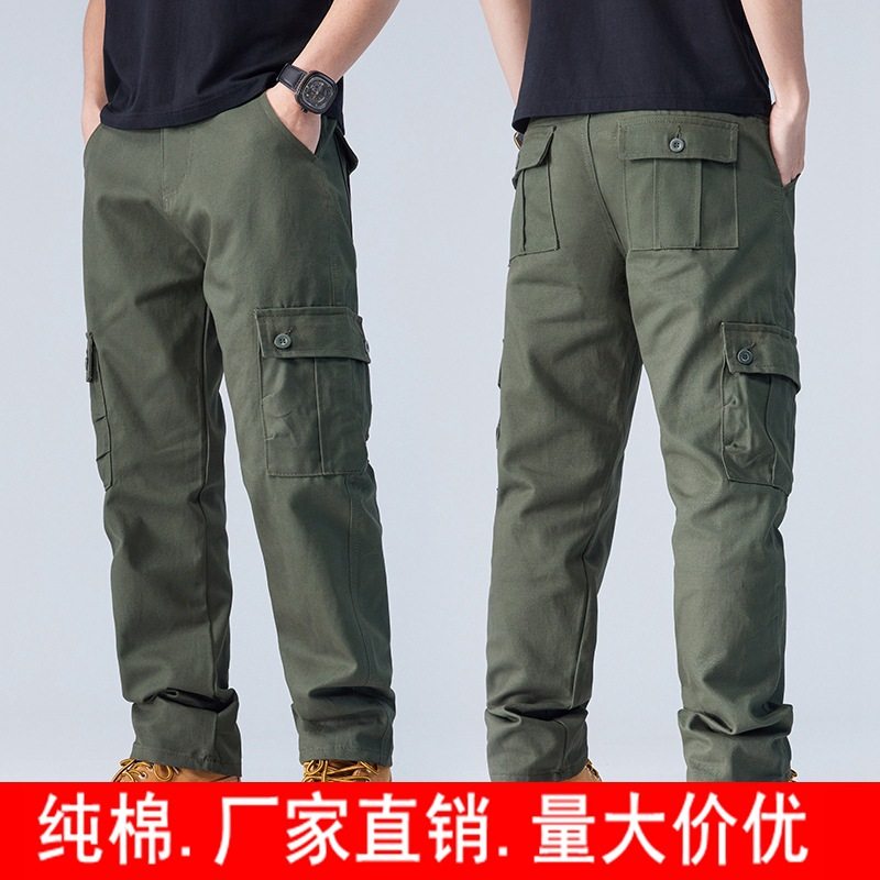 ใหม่ผ้าฝ้ายแท้หลายกระเป๋าหลวมผู้ชายกางเกงลำลองตรงหลวมกางเกงท...