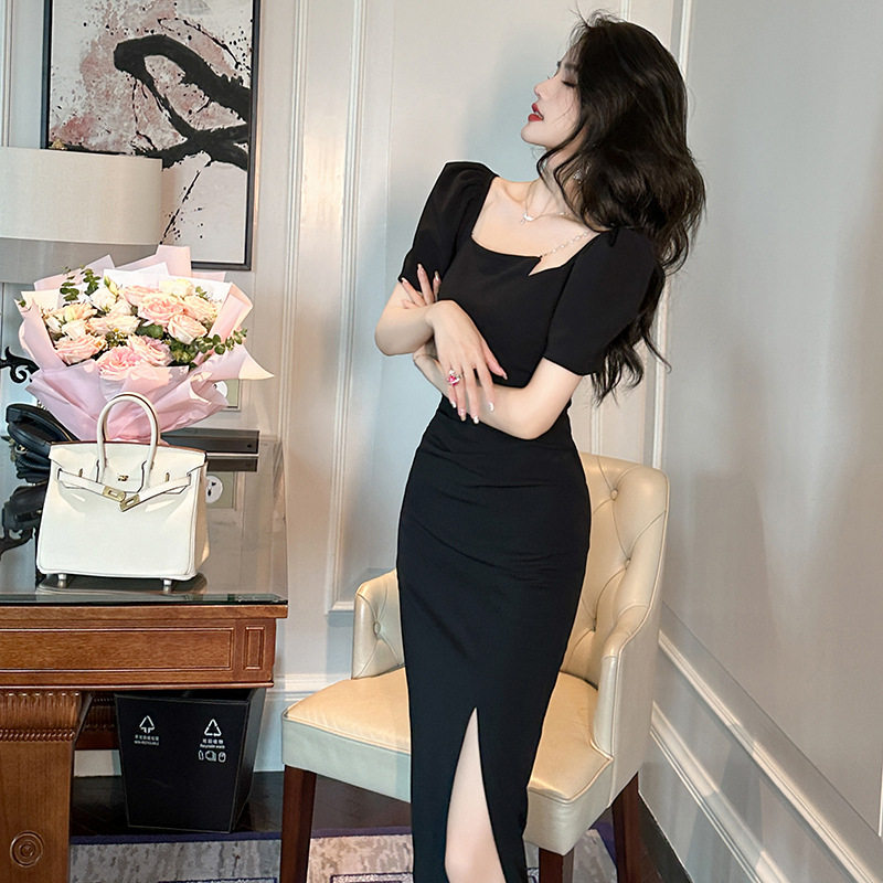 Đầm ôm body nữ cổ vuông tay bồng, dáng midi cao eo — [Đen], [Tím]