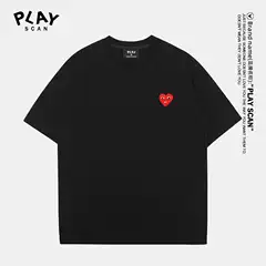 Heyplay Japanese Style Trendy Brand T-Shirt for Men and Women Heart Round Neck Pure Cotton Short-Sleeved Pure Color Embroider Big Red Mood Couple Style