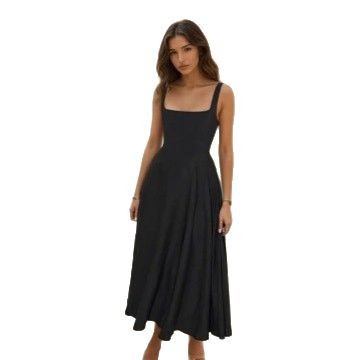 Elegant Solid Color Midi Dress for Women Slim Fit Spaghetti Straps Versatile Style Perfect for Parties and Events
