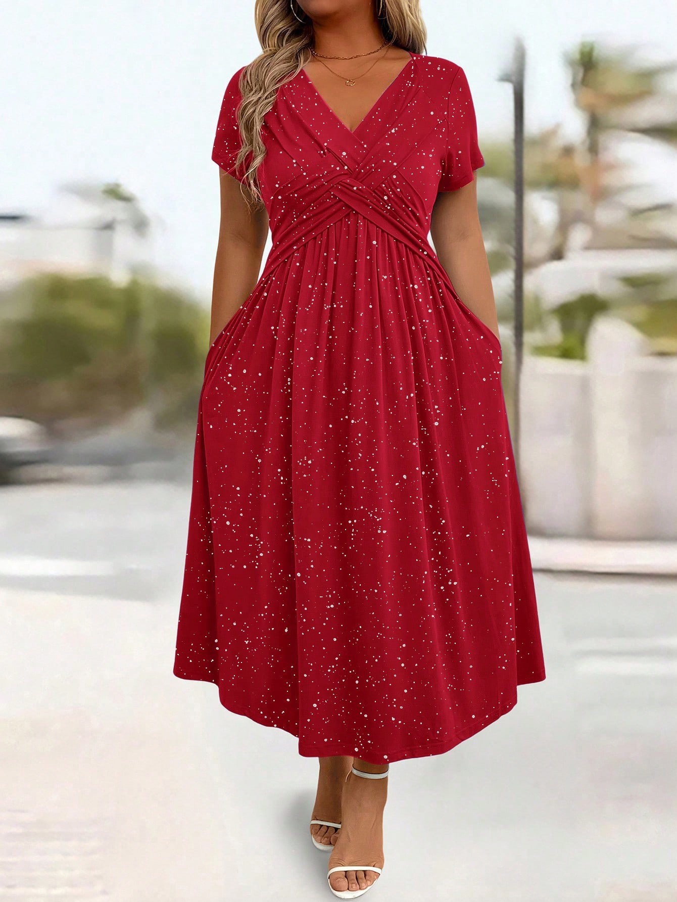 V Neck Short Sleeve Bodycon Dress Shimmering Fabric Waist Defining Fit Summer Style Wholesale Available