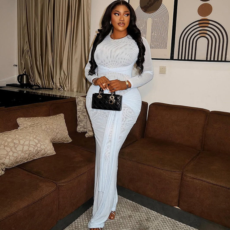 Elegant Womens Midi Dress Solid Color Waist Defining Pleated Round Neck Long Sleeve Perfect for Casual or Formal