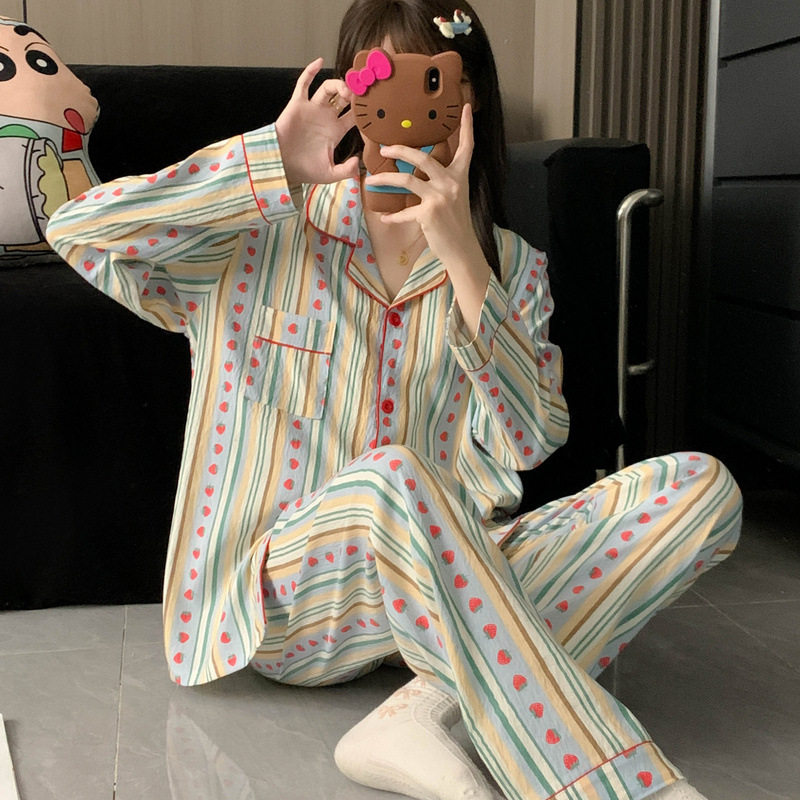 带胸垫大码睡衣女春秋季长袖甜美少女草莓条纹家居服套装现货跨境