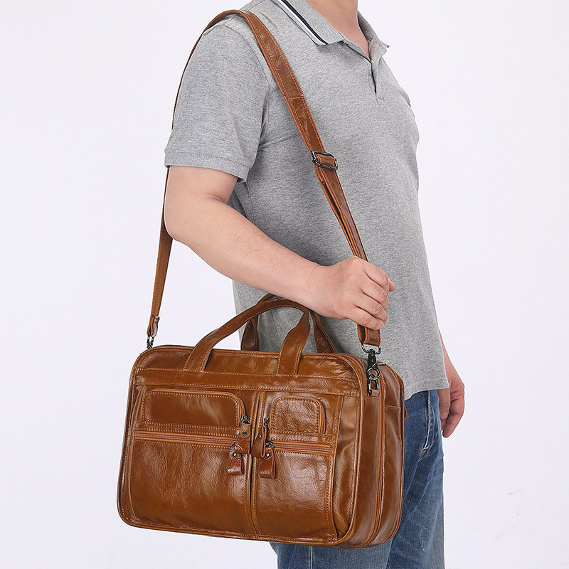 Trade leisure retro leather men's briefcase 15.6 inch business handbag shoulder messenger bag cowhide men's bag