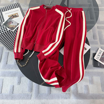 Red Casual Sports suit Women's Fall/Winter Dopamine Wear Baseball Suit Jacket Slim-fit Straight Pants Two-piece Set