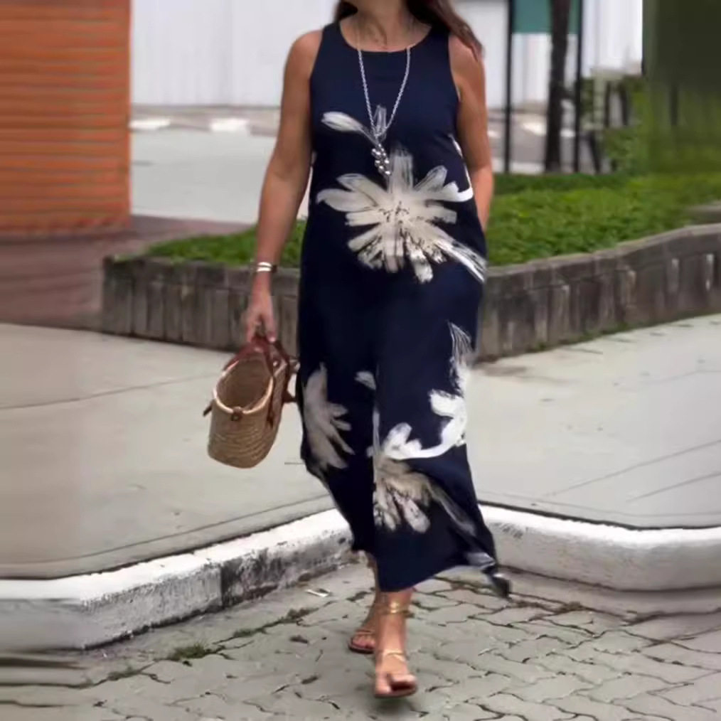 Summer Floral Print Sleeveless Dress for Women Round Neck Pocket Design Casual Style Wholesale Available