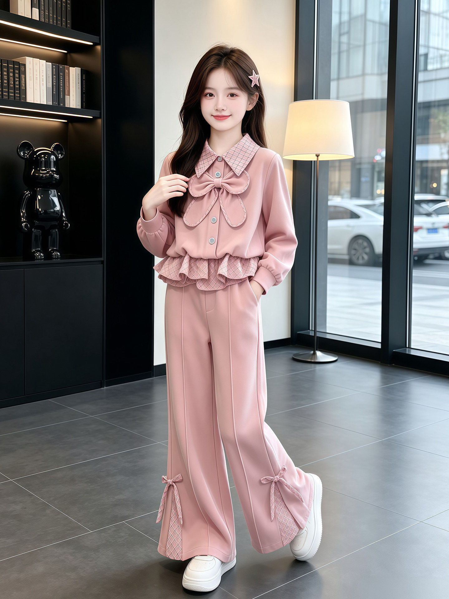 리본 프릴 블라우스 플레어 셋업 뒷모습
