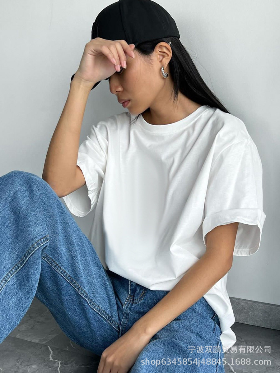 Womens Loose Fit Solid Color Short Sleeve Cotton T Shirt Casual Style Versatile Comfortable Wholesale Available