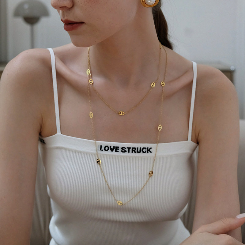 Light Luxury Long Titanium Steel Color-free Double-layer Pig Nose Long Necklace Simple Woolen Chain Niche High-end Stacked Wear