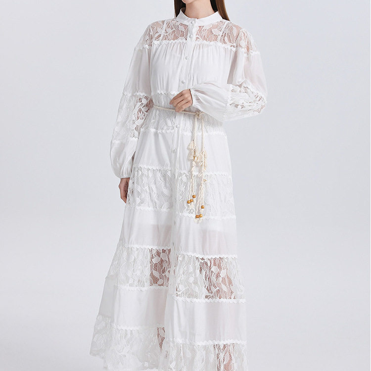 French Court Style Dress Fashionable Hollow Lace Waist Defined Lantern Sleeves Button Closure Flared Long Skirt
