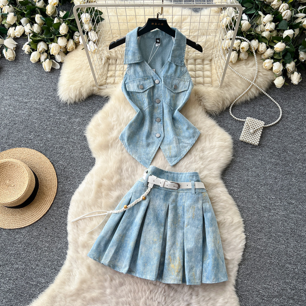 Korean Style V Neck Sleeveless Denim Vest Set Slim Fit Waist Belt Summer Fashion Perfect for Office or Casual Wear