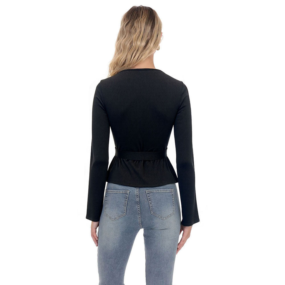 Womens Black V Neck Long Sleeve Knit Top Unique French Design Waist Tie Gold Ring Detail Casual or Chic Occasions