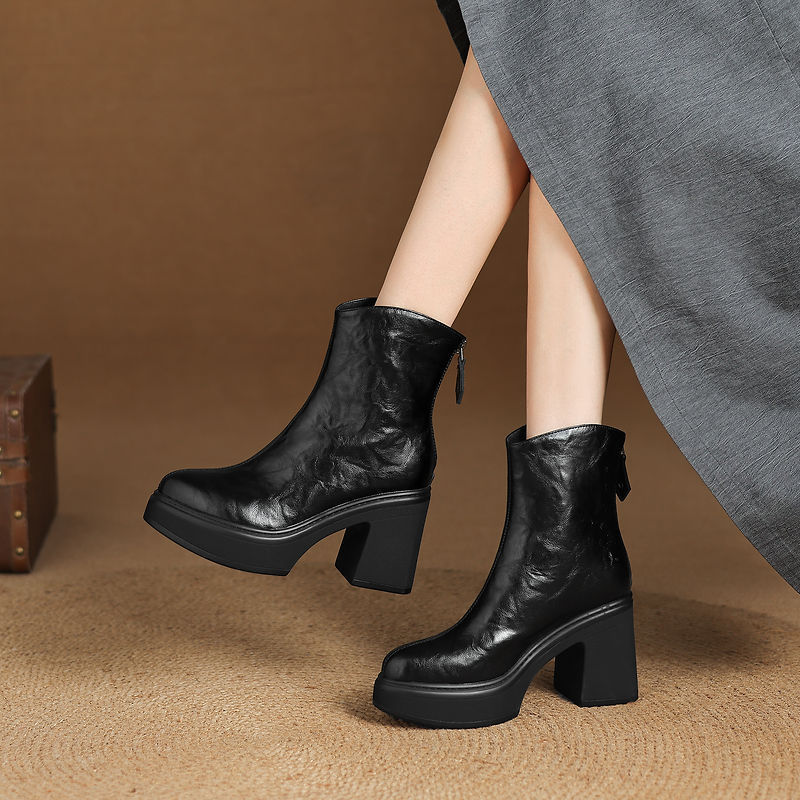 Boot nữ da bò gót thô 9,5cm cổ ngắn khóa kéo sau — Lớp lót đơn màu đen, Lớp lót đơn màu nâu đậm, Lót nhung đen, Lót nhung màu nâu đậm