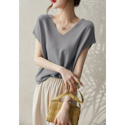 2024夏新款干爽醋酸棉紫色蝙蝠袖薄款冰丝时尚修身显瘦洋气针织衫