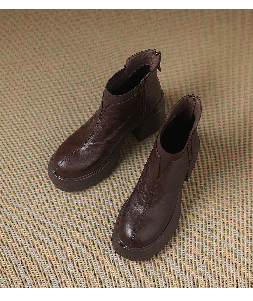 Boot Martin nữ đế dày gót thô 8cm khóa kéo sau dáng ôm chân — Lớp lót đơn màu đen, Lớp lót đơn màu nâu, Lót nhung đen, Lót nhung màu nâu