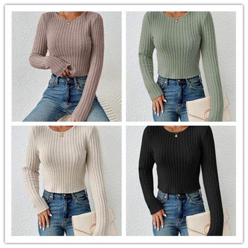 Casual Fitted Sweater Solid Color Round Neck Long Sleeve Autumn Winter Wear Ready to Ship low MOQ