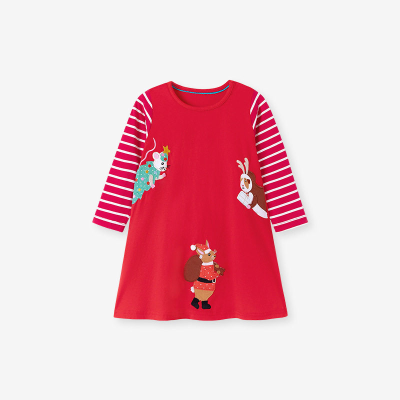 [Style] Kids' Dress, Cartoon Autumn Girls' Dress, Striped Long-sleeve Kids' Skirt
