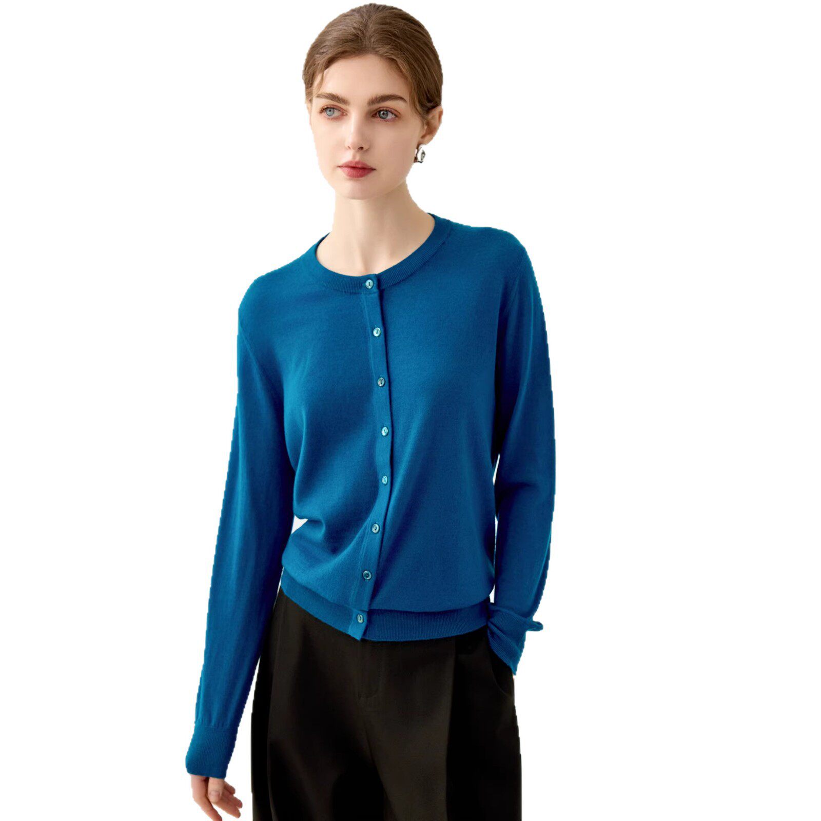 美丽诺精纺超细丝光羊毛衫女春秋薄款开衫圆领宽松外搭毛衣针织衫