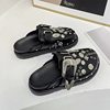 Internet Celebrous Same Shoes with Toe Half-tow Women's 2024 New British Retro Thick Bottom Rivet Flat Mule Shoes
