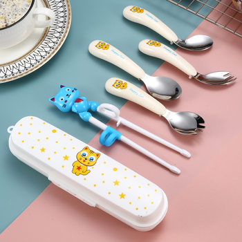 Cartoon baby elbow fork spoon tableware 304 stainless steel fork spoon chopsticks learning chopsticks children's portable tableware set box
