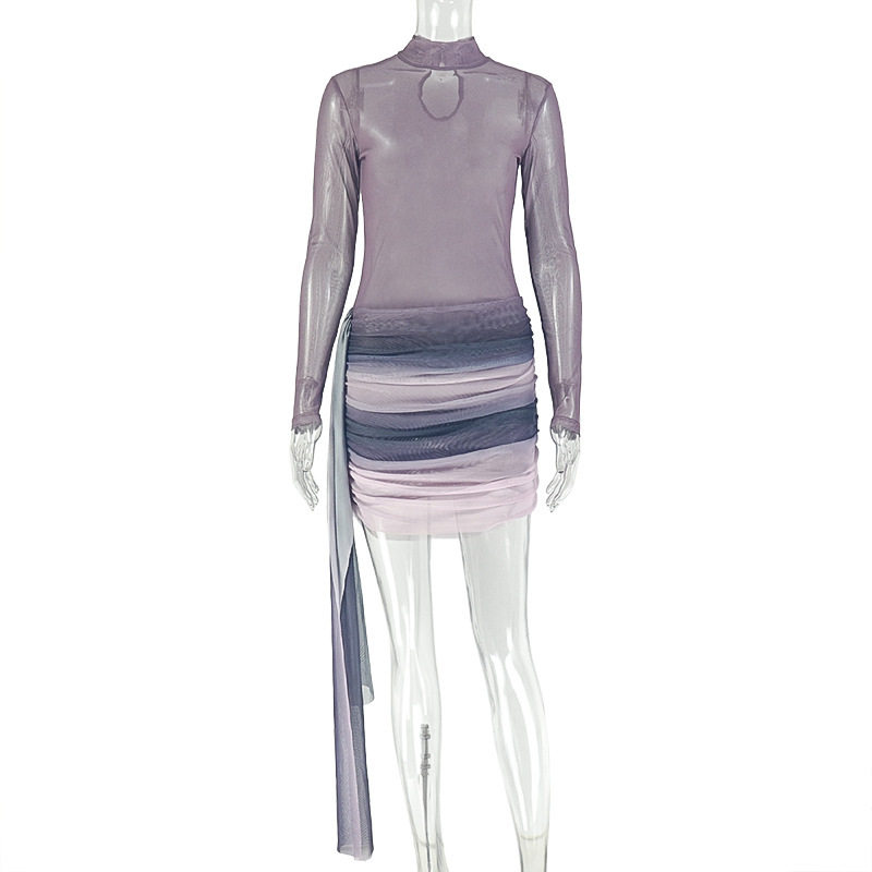 Gradient Color Block Bodycon Dress Breathable Fabric Long Sleeves Stand Collar Casual or Evening Wear Wholesale