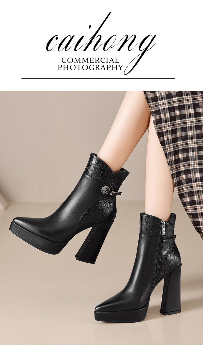 Boot nữ cổ thấp da bò mũi nhọn gót nhọn siêu cao phối khóa kéo bên — màu đen, nâu