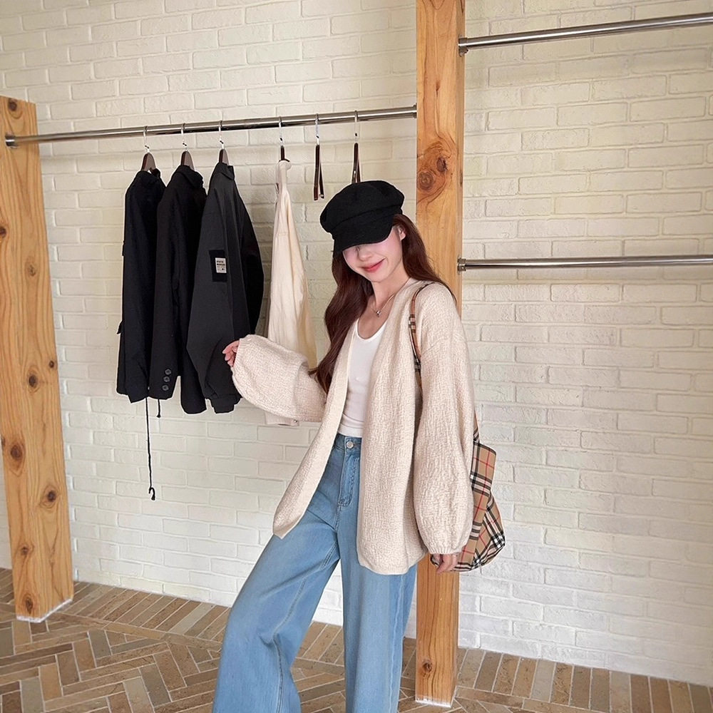 เสื้อแจ็กเก็ตสเวตเตอร์แขนพอง ความยาวปานกลาง ทรงหลวม อเนกประสงค์ แฟชั่นลายเปลือกไม้ แนวขี้เกียจ รุ่นใหม่สำหรับฤดูใบไม้ร่วงและฤดูหนาว สำหรับผู้หญิง