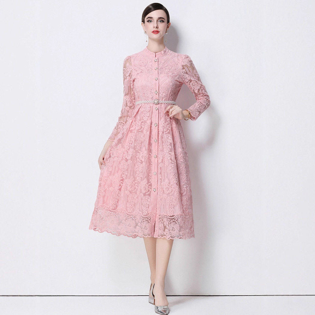 Elegant French High End Womens Dress Heavy Embroidery Single Breasted Waist Tie Long Tulle Skirt Autumn Collection