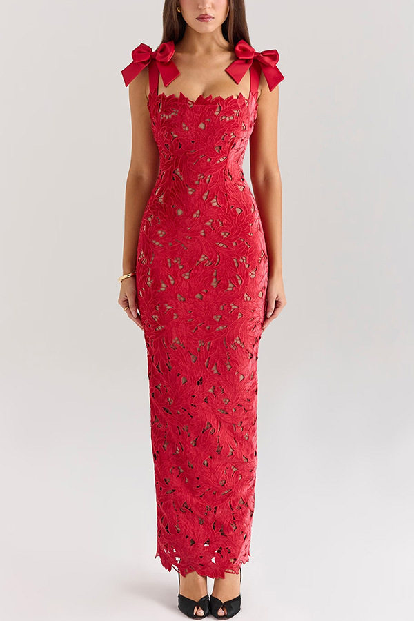 Elegant Hollow Out Bow Tie Bodycon Dress Solid Color Stylish Design Perfect for Parties Wholesale Available