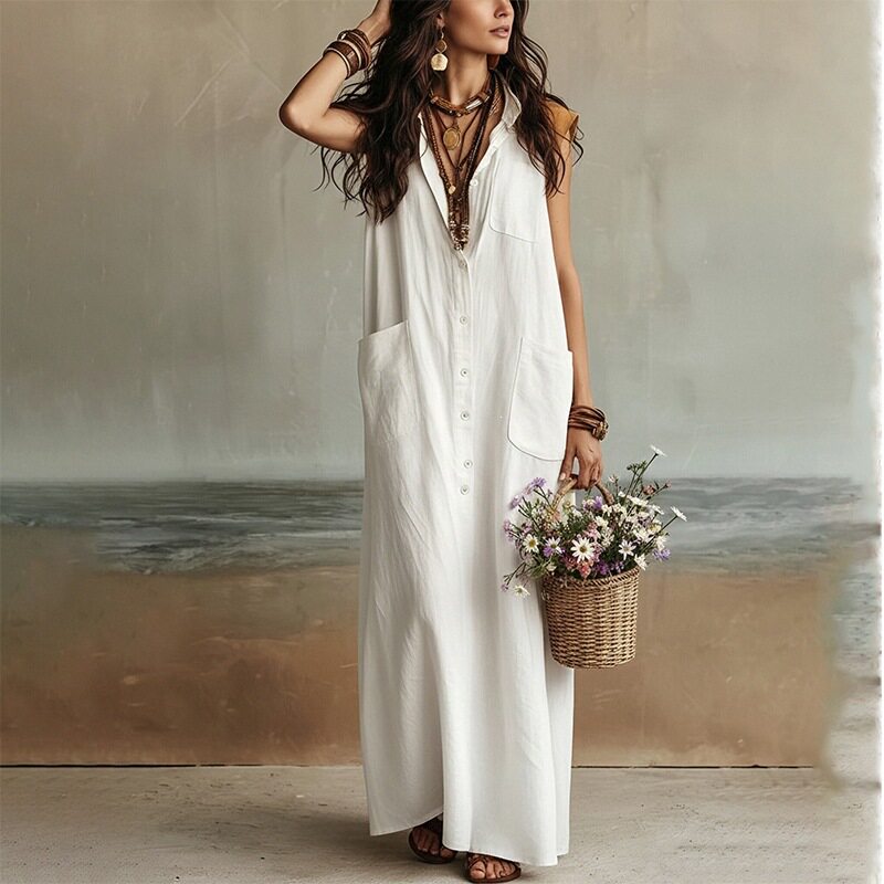 Loose Fit Button Up Long Dress Solid Color French Style Casual Vacation Wear Available for Wholesale