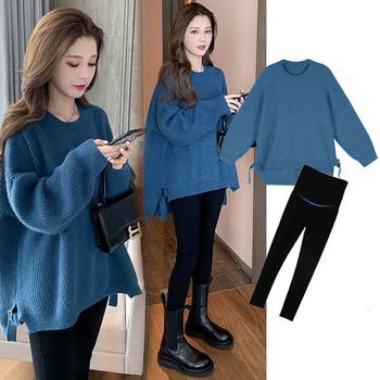 Trendy Maternity Autumn Outfit Set Fashion High-End Petite Top Sweater Maternity Pants Autumn Winter Two-Piece Set