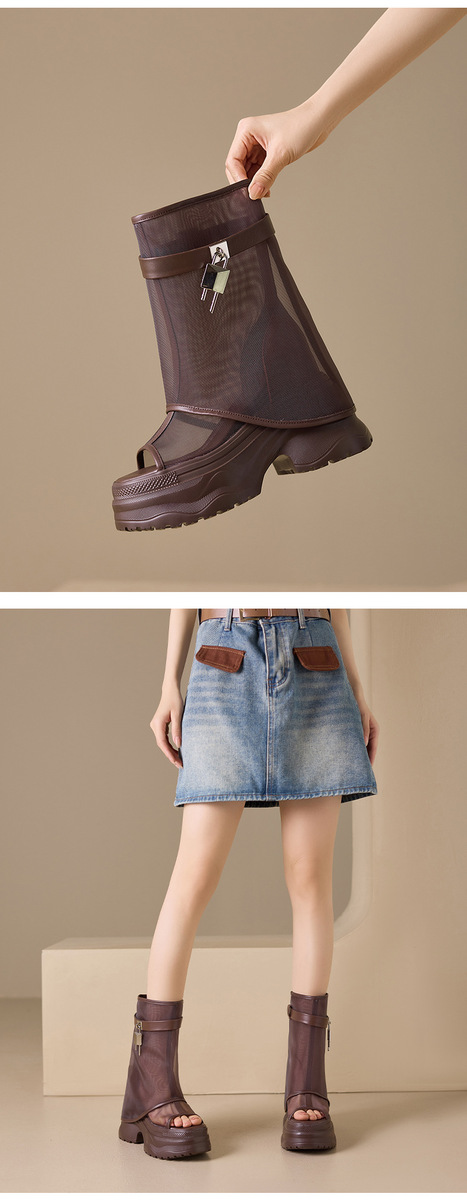 Boot nữ cổ trung lưới khoét hở phối da bò, đế dày tăng chiều cao — Đen có hình, màu đen, Màu nâu, Màu nâu có hình