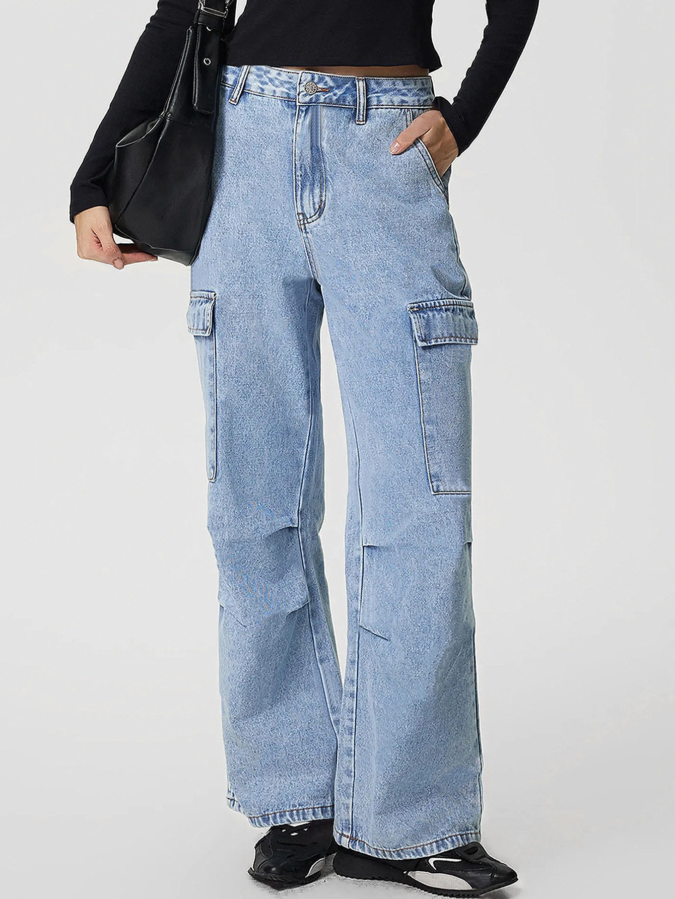 Womens Casual High Waisted Denim Trousers Slim Fit Large Pockets European and American Style Perfect for Everyday