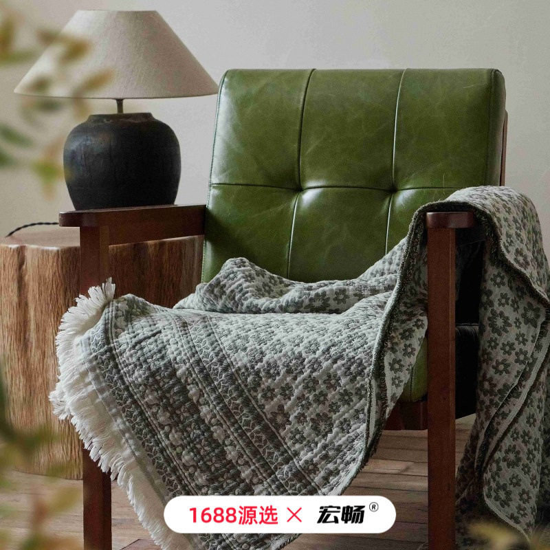 Cotton Yarn-Dyed Jacquard Blanket Retro Office Living Room Bedroom Blanket Machine Washable Multifunctional Cotton Bed Blanket