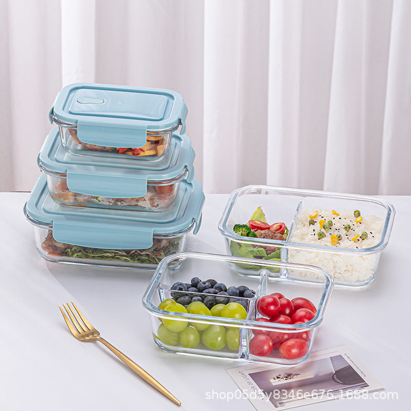 Glass Lunch Box Bowl Transparent Microwave Oven Rectangular Preservation Box Office worker Bento Box Household Round Preservation Bowl