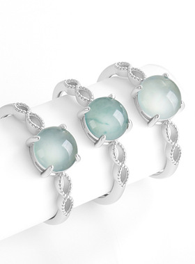 S925银镶嵌天然A货翡翠蓝水戒指冰种玉石时尚指环女款女戒可调节