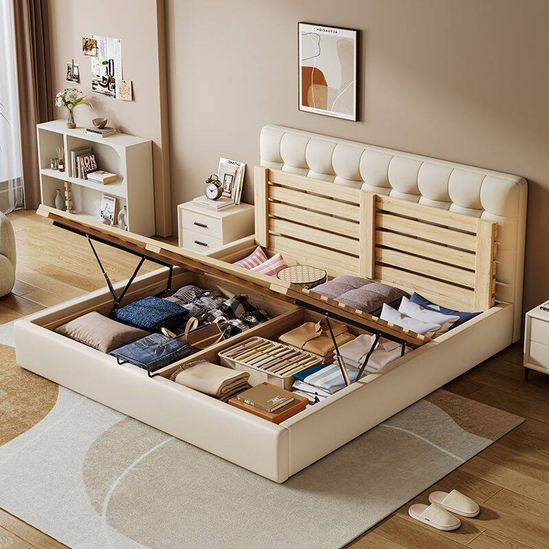 Modern Simple Leather High Box Master Bedroom Double Bed Small Apartment Drawer Wooden Bed Multi-Functional Soft Bag Air Pressure Storage Bed